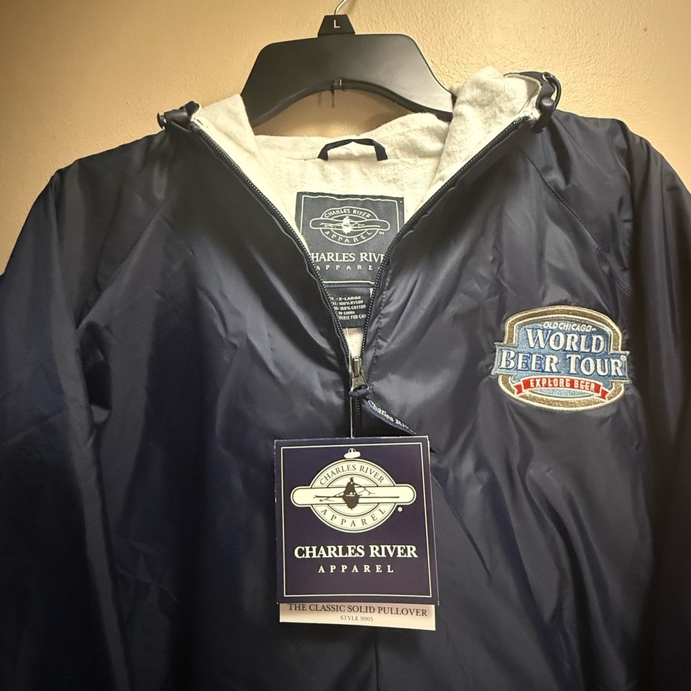 NWT Charles River‎ XL Navy Hooded Pullover Windbreaker Beer Tour Patch